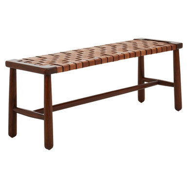 Inca Tan Leather and Teak Wood Bench with Lattice Design