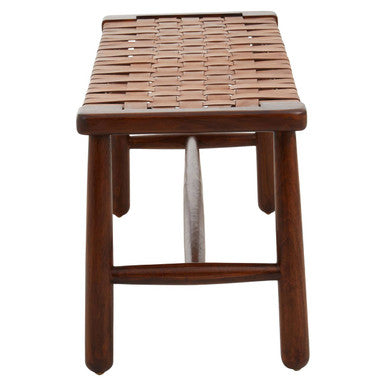 Inca Tan Leather and Teak Wood Bench with Lattice Design