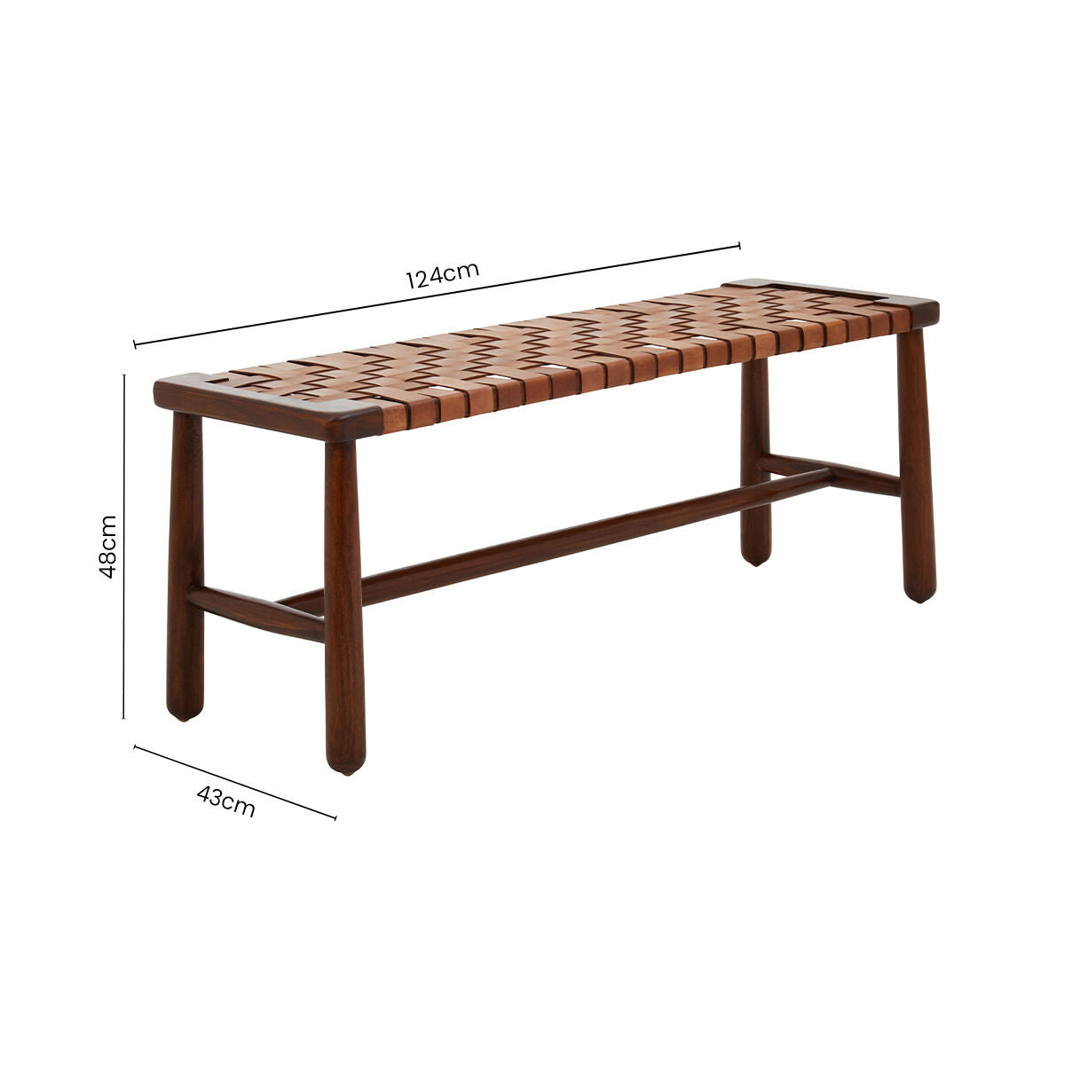 Inca Tan Leather and Teak Wood Bench with Lattice Design