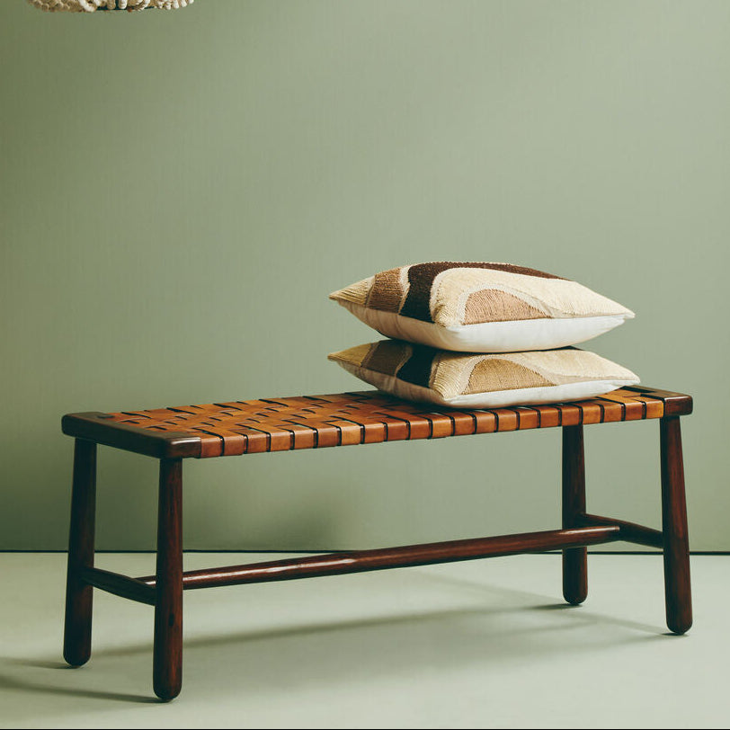 Inca Tan Leather and Teak Wood Bench with Lattice Design