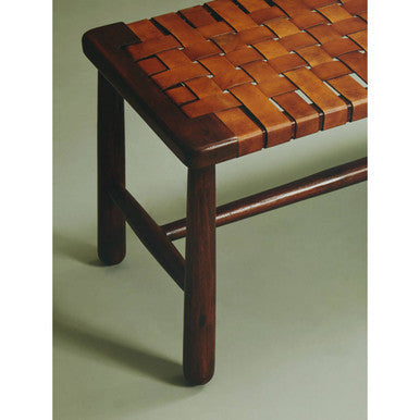 Inca Tan Leather and Teak Wood Bench with Lattice Design