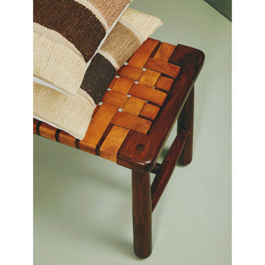 Inca Tan Leather and Teak Wood Bench with Lattice Design