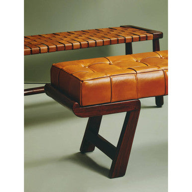 Inca Tan Leather and Teak Wood Bench with Lattice Design