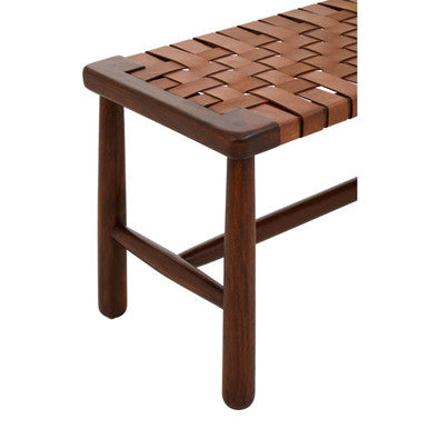 Inca Tan Leather and Teak Wood Bench with Lattice Design