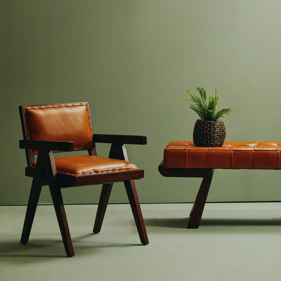 Inca Tan Leather and Teak Wood Chair