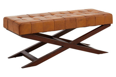 Inca Brown Leather and Wooden Bench with Cross Base
