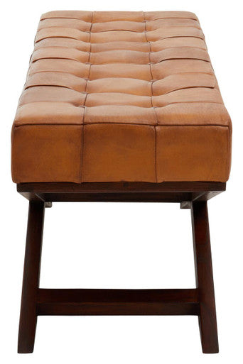 Inca Brown Leather and Wooden Bench with Cross Base