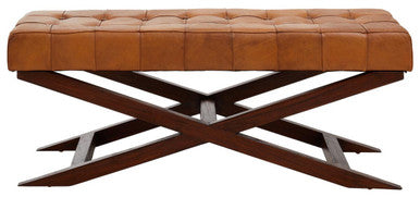 Inca Brown Leather and Wooden Bench with Cross Base