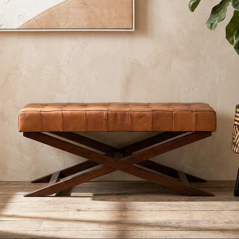 Inca Brown Leather and Wooden Bench with Cross Base