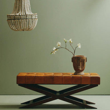 Inca Brown Leather and Wooden Bench with Cross Base
