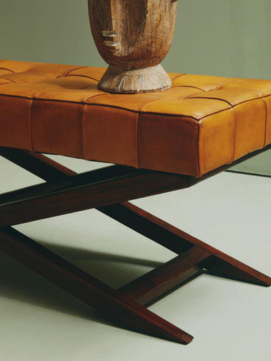 Inca Brown Leather and Wooden Bench with Cross Base