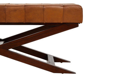 Inca Brown Leather and Wooden Bench with Cross Base