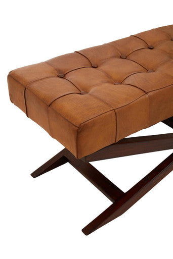 Inca Brown Leather and Wooden Bench with Cross Base