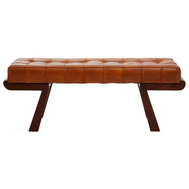 Inca Brown Leather and Wooden Bench with Angular Base
