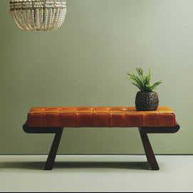 Inca Brown Leather and Wooden Bench with Angular Base