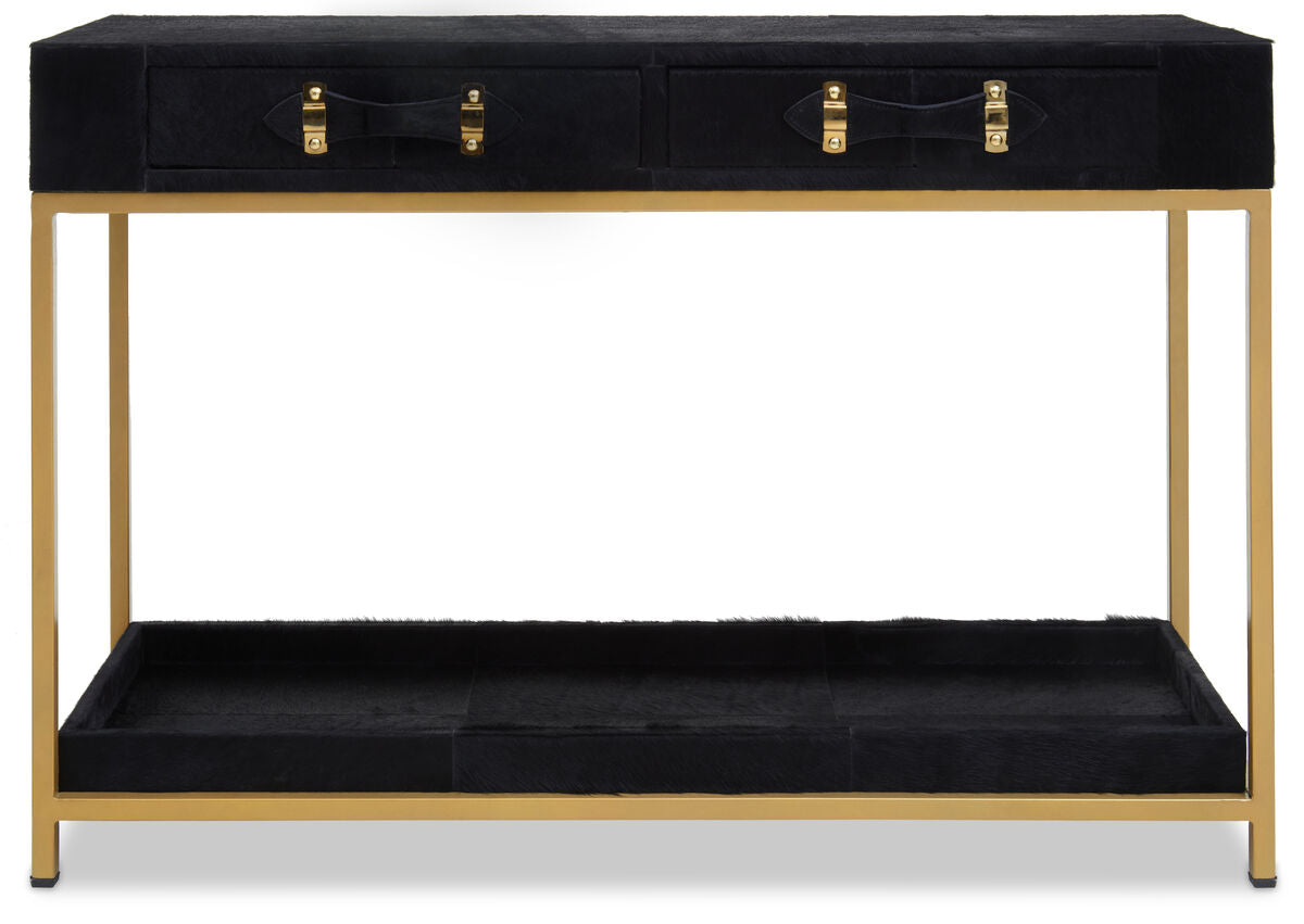 Kensington Townhouse Black Hair on Leather Console Table with Gold Frame