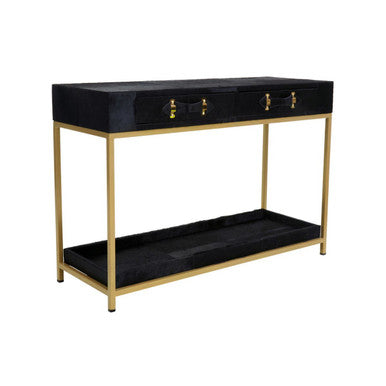 Kensington Townhouse Black Hair on Leather Console Table with Gold Frame