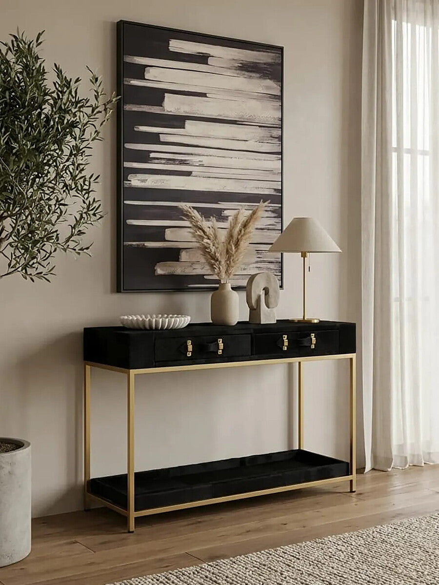 Kensington Townhouse Black Hair on Leather Console Table with Gold Frame