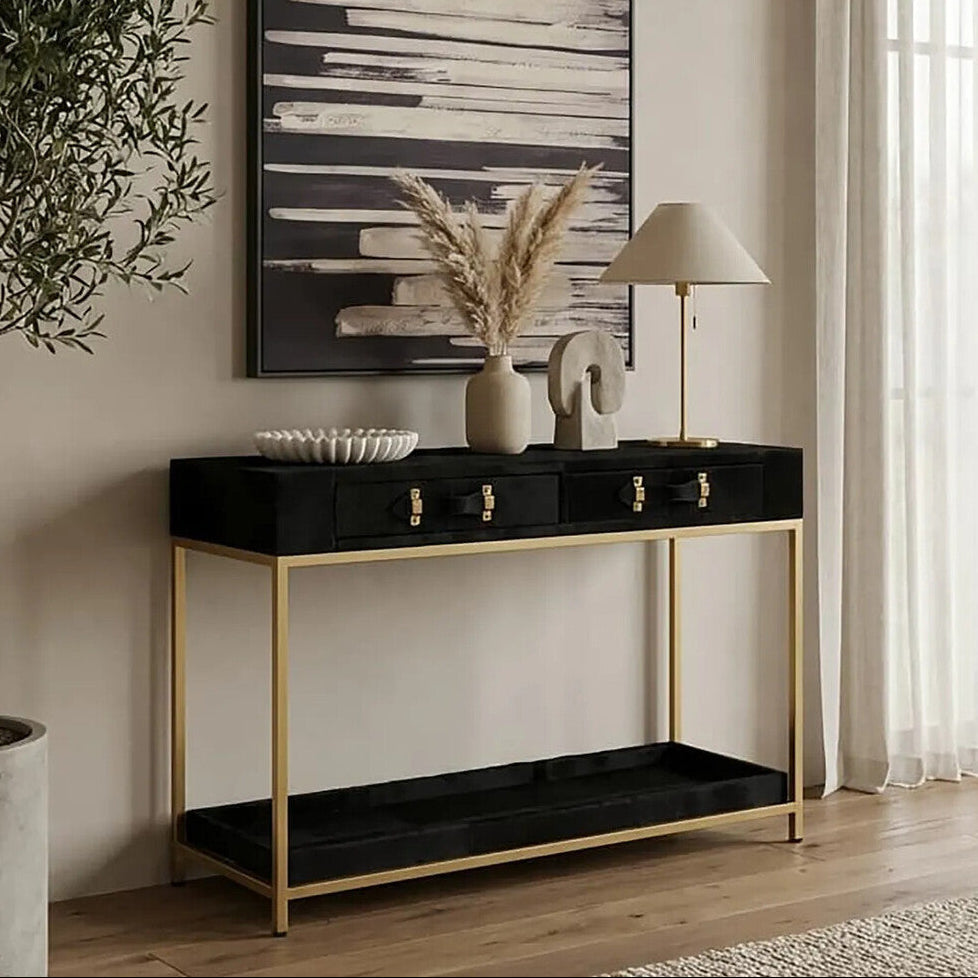 Kensington Townhouse Black Hair on Leather Console Table with Gold Frame