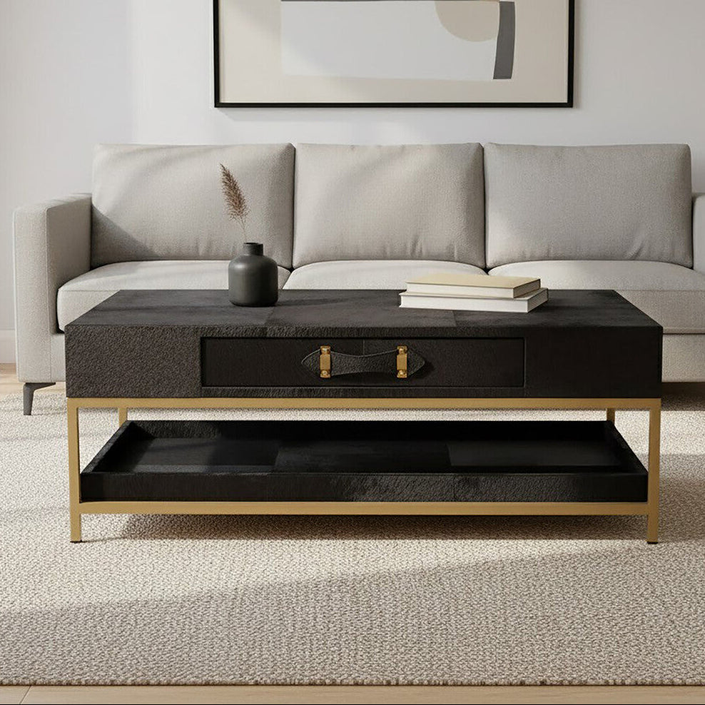 Kensington Townhouse Black Hair on Leather 2 Drawer Coffee Table