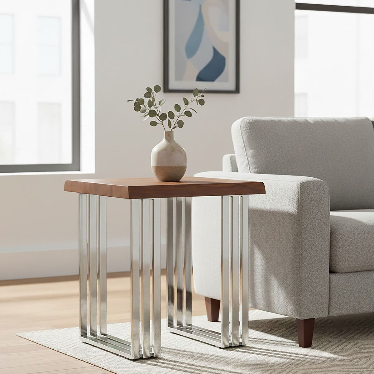 Hampstead Acacia Wood and Silver Finish Side Table