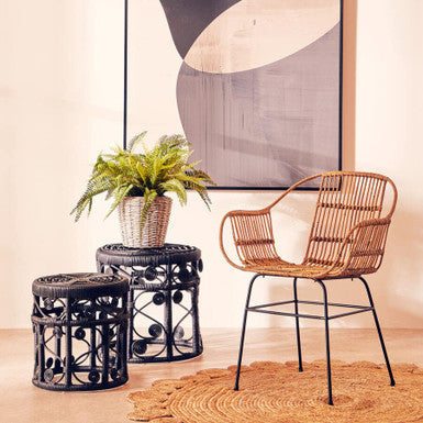 Java Natural Rattan Armchair With Black Metal Legs