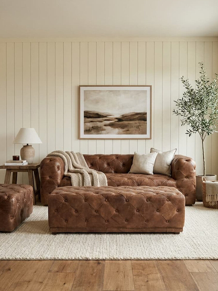 Hoxton Brown Leather Rectangular Chesterfield Ottoman