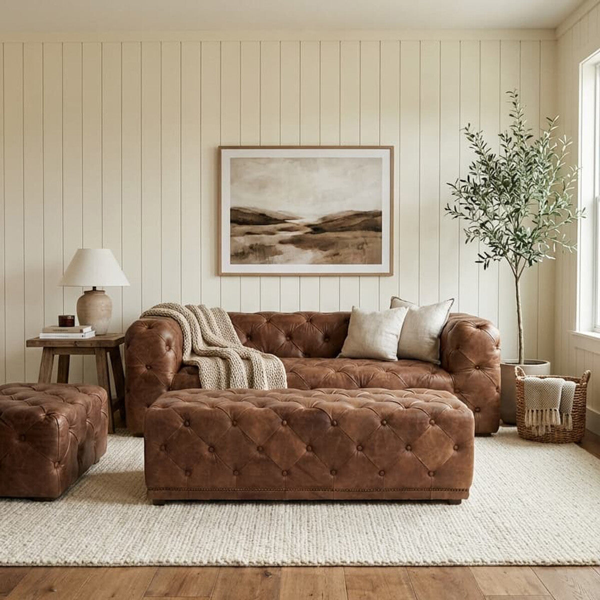 Hoxton Brown Leather Rectangular Chesterfield Ottoman
