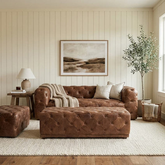 Hoxton Brown Leather Rectangular Chesterfield Ottoman