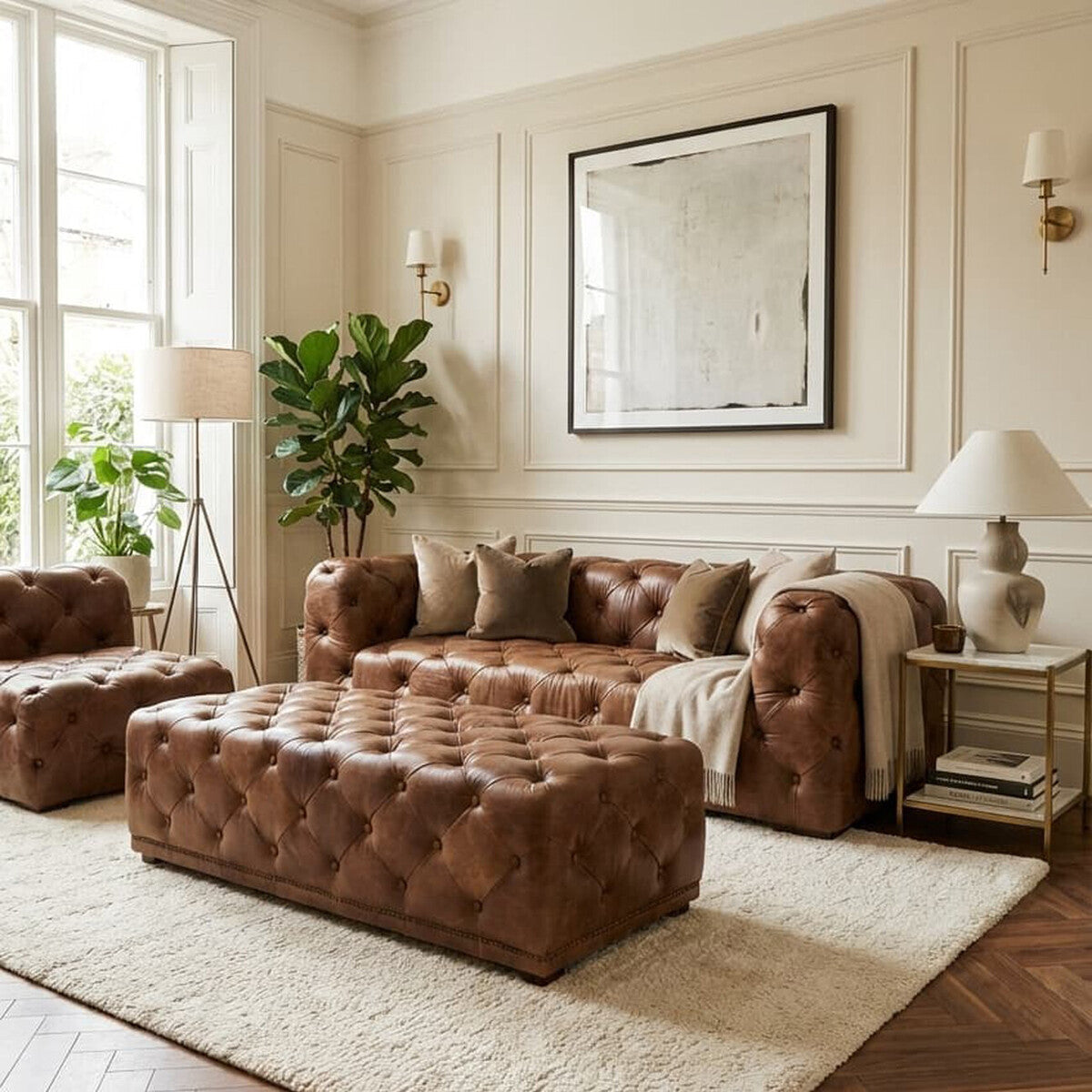 Hoxton Brown Leather Rectangular Chesterfield Ottoman