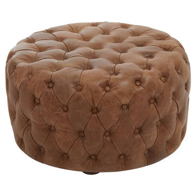 Hoxton Brown Leather Tufted Round Ottoman