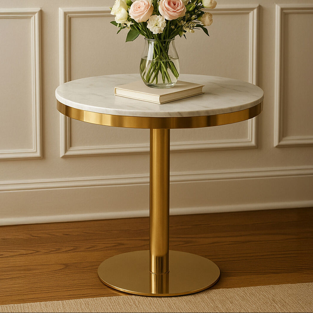Azalea White Marble Round Dining Table with Gold Finish Base