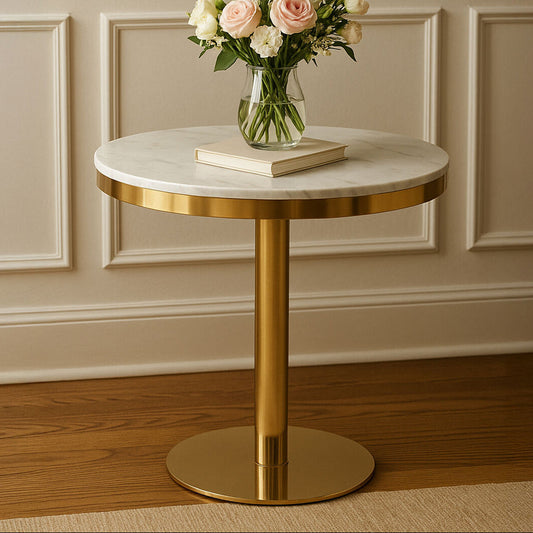 Azalea White Marble Round Dining Table with Gold Finish Base