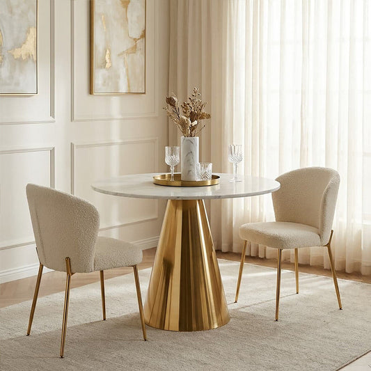 White Marble Round Dining Table with Gold Finish Conical Base