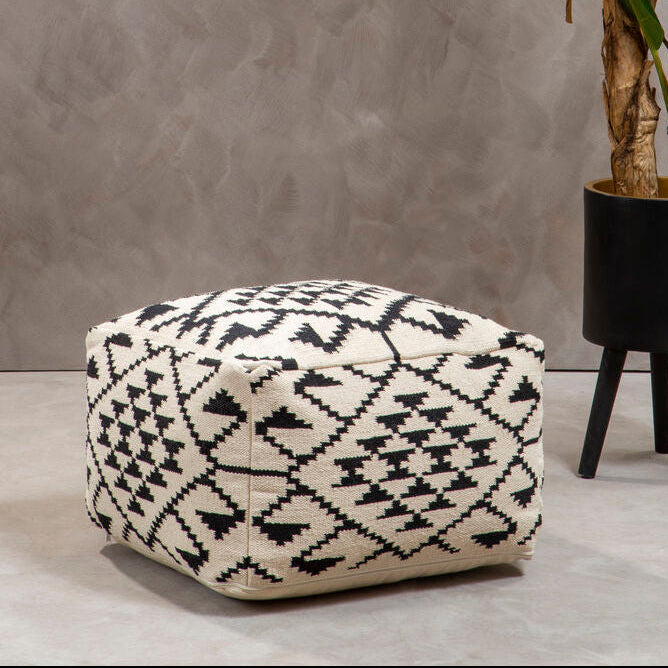 Cefena White Textured Fabric Pouffe with Padded Seat