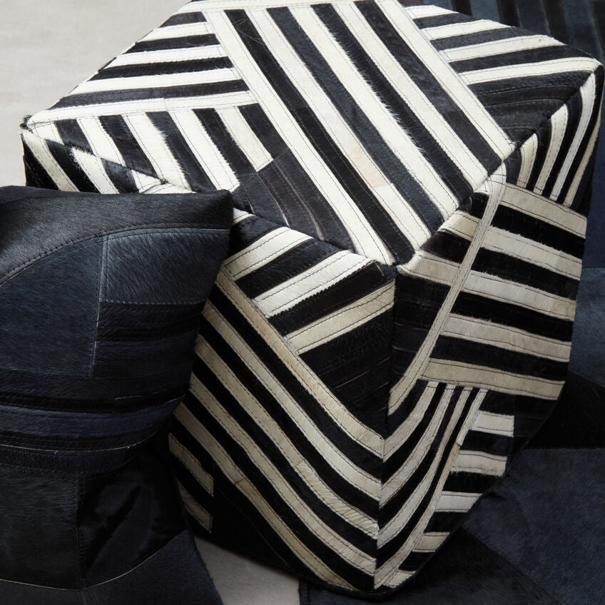 Bosie Black and White Stripe Leather Pouffe | Safira