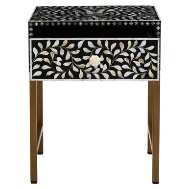 Fusion Black and White Bone Inlay 1 Drawer Side Table