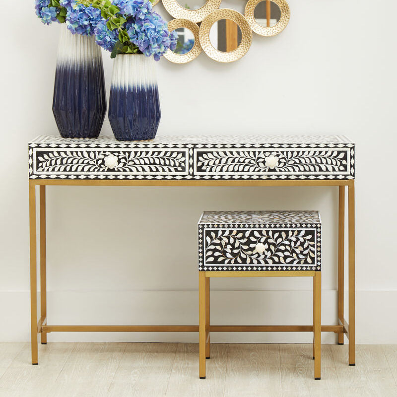 Fusion Black and White Bone Inlay 2 Drawer Console Table