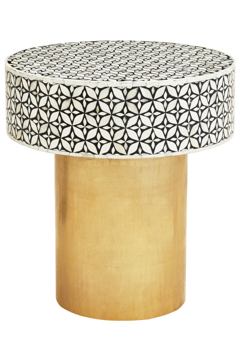 Fusion Black and White Bone Inlay Round Side Table with Gold Base