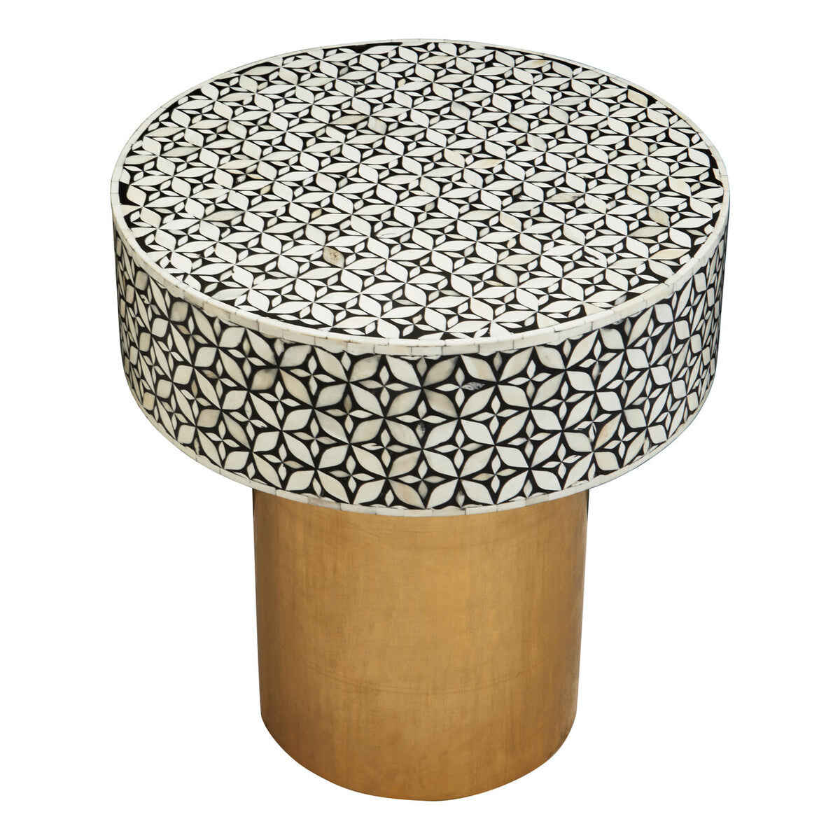 Fusion Black and White Bone Inlay Round Side Table with Gold Base