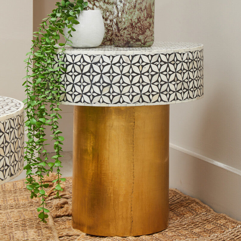 Fusion Black and White Bone Inlay Round Side Table with Gold Base