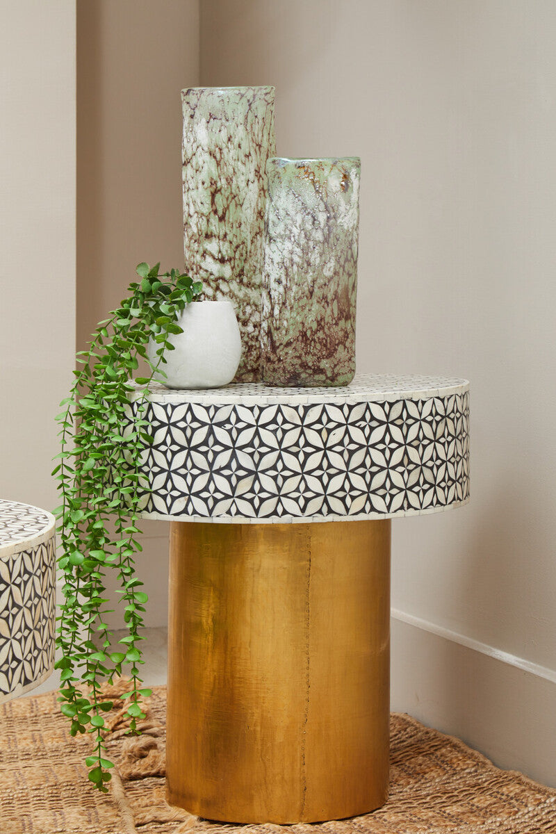Fusion Black and White Bone Inlay Round Side Table with Gold Base