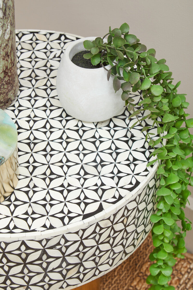Fusion Black and White Bone Inlay Round Side Table with Gold Base