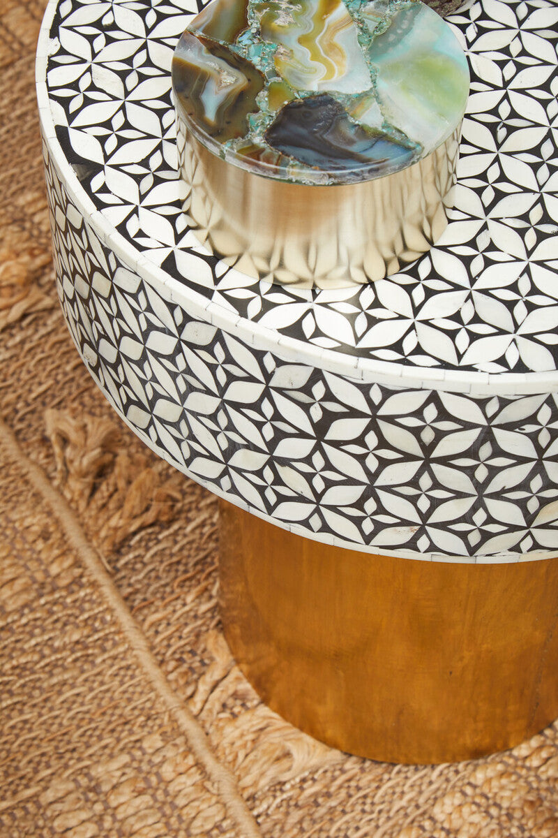 Fusion Black and White Bone Inlay Round Side Table with Gold Base