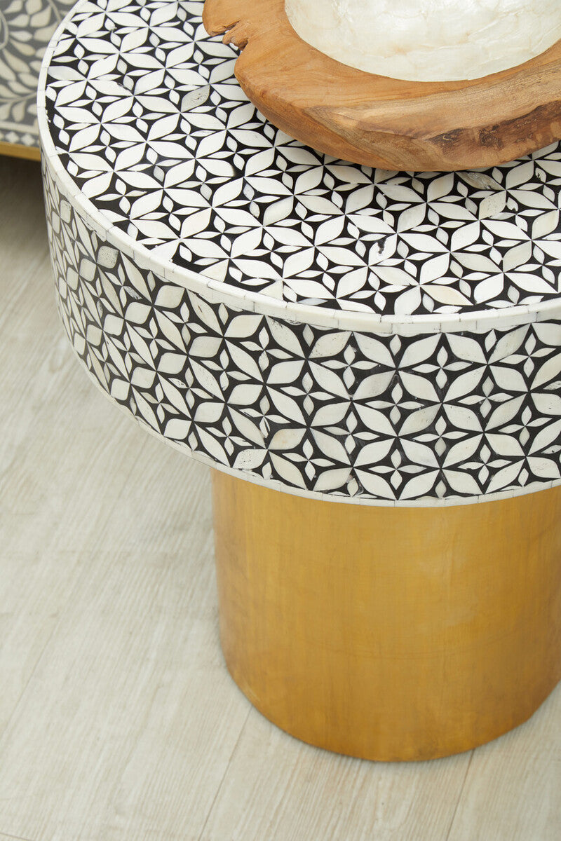 Fusion Black and White Bone Inlay Round Side Table with Gold Base
