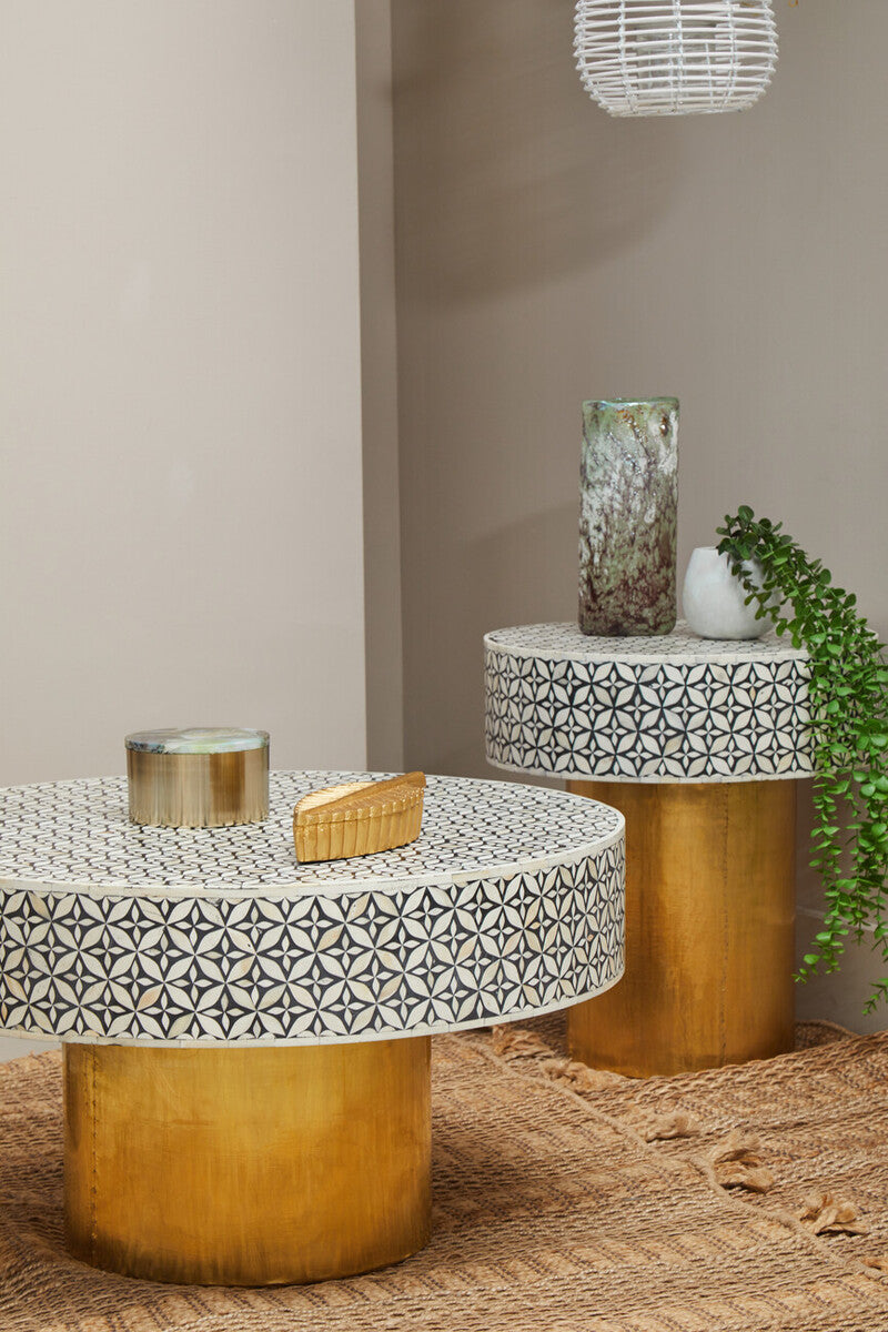 Fusion Black and White Bone Inlay Round Side Table with Gold Base