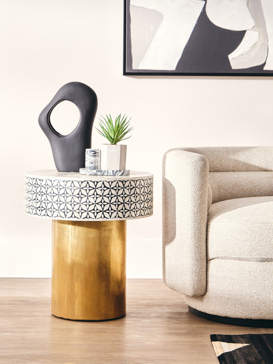 Fusion Black and White Bone Inlay Round Side Table with Gold Base
