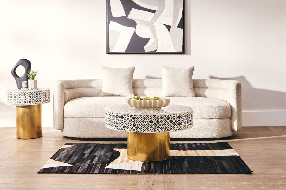 Fusion Black and White Bone Inlay Round Side Table with Gold Base