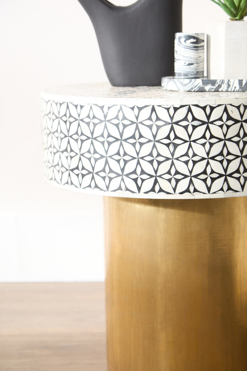 Fusion Black and White Bone Inlay Round Side Table with Gold Base
