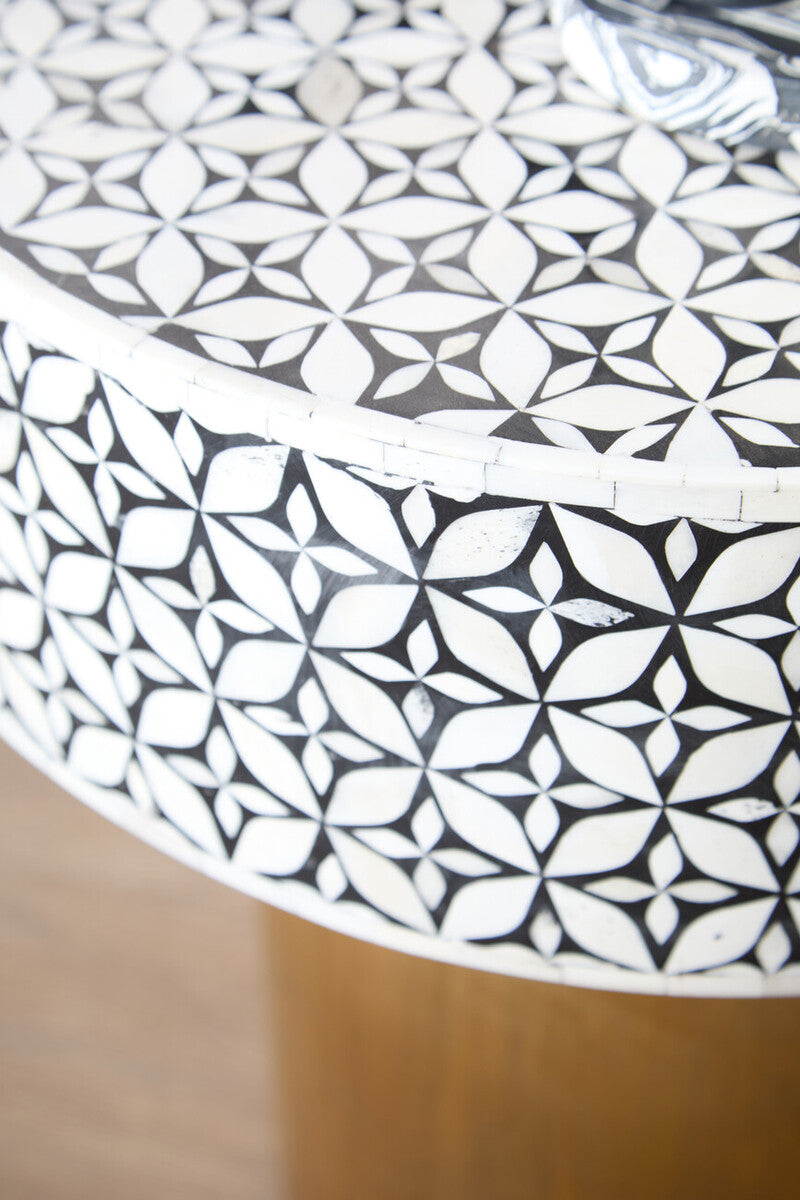 Fusion Black and White Bone Inlay Round Side Table with Gold Base